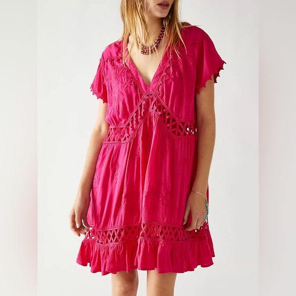 Free People Marissa Pink Short Sleeve V-Neck Swing Mini Dress Women's Size  Small